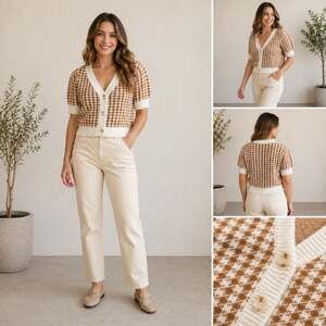 Endless Blu Brown Gingham Cropped Cardigan Puff Sleeve Cottagecore Size S